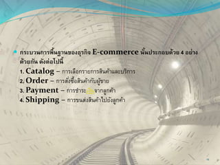  กระบวนการพื้นฐานของธุรกิจ E-commerce นั้นประกอบด้วย 4 อย่าง
ด้วยกัน ดังต่อไปนี้
1. Catalog – การเลือกรายการสินค้าและบริการ
2. Order – การสั่งซื้อสินค้ากับผู้ขาย
3. Payment – การชาระเงินจากลูกค้า
4. Shipping – การขนส่งสินค้าไปยังลูกค้า
16
 