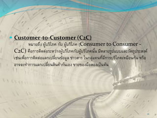  Customer-to-Customer (C2C)
หมายถึง ผู้บริโภค กับ ผู้บริโภค (Consumer to Consumer -
C2C) คือการติดต่อระหว่างผู้บริโภคกับผู้บริโภคนั้น มีหลายรูปแบบและวัตถุประสงค์
เช่นเพื่อการติดต่อแลกเปลี่ยนข้อมูล ข่าวสาร ในกลุ่มคนที่มีการบริโภคเหมือนกัน หรือ
อาจจะทาการแลกเปลี่ยนสินค้ากันเอง ขายของมือสองเป็นต้น
23
 