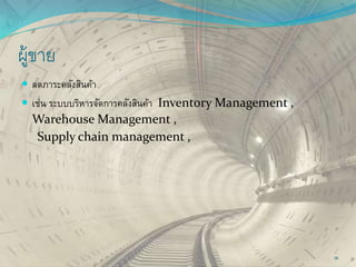ผู้ขาย
 ลดภาระคลังสินค้า
 เช่น ระบบบริหารจัดการคลังสินค้า Inventory Management ,
Warehouse Management ,
Supply chain management ,
38
 