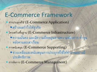 E-Commerce Framework
 การประยุกต์ใช้ (E-Commerce Application)
สร้างผลกาไรให้ธุรกิจ
 โครงสร้างพื้นฐาน (E-Commerce Infrastructure)
ความมั่นคง และมีความยืดหยุ่นตามความต้องการ ค้าจุน
หลังคาและเสาเรือน
 การสนับสนุน (E-Commerce Supporting)
ช่วยเหลือและสนับสนุนการประยุกต์ใช้ให้ทางานอย่างมี
ประสิทธิภาพ
 การจัดการ (E-Commerce Management)
8
 