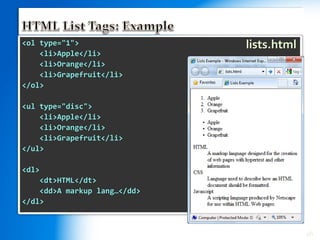 26
<ol type="1">
<li>Apple</li>
<li>Orange</li>
<li>Grapefruit</li>
</ol>
<ul type="disc">
<li>Apple</li>
<li>Orange</li>
<li>Grapefruit</li>
</ul>
<dl>
<dt>HTML</dt>
<dd>A markup lang…</dd>
</dl>
lists.html
 