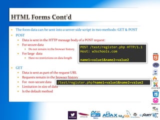  The form data can be sent into a server side script in two methods: GET & POST
 POST
 Data is sent in the HTTP message body of a POST request:
 For secure data
 Do not remain in the browser history
 For large data
 Have no restrictions on data length
 GET
 Data is sent as part of the request URL
 Requests remain in the browser history
 For non-secure data
 Limitation in size of data
 Is the default method
/test/register.php?name1=value1&name2=value2
POST /test/register.php HTTP/1.1
Host: w3schools.com
name1=value1&name2=value2
 