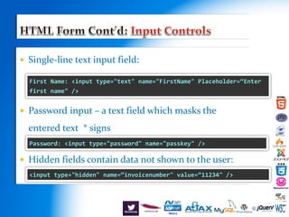  Single-line text input field:
 Password input – a text field which masks the
entered text * signs
 Hidden fields contain data not shown to the user:
First Name: <input type="text" name="FirstName" Placeholder=“Enter
first name" />
<input type="hidden" name=“invoicenumber" value=“11234" />
Password: <input type="password" name="passkey" />
 