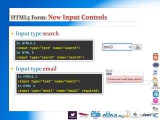  Input type search
 Input type email
In HTML4.1
<input type="text" name="search">
In HTML 5
<input type="search" name="search">
In HTML4.1
<input type="text" name=“email">
In HTML 5
<input type="email" name="email" required>
 