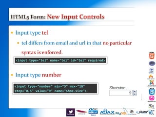  Input type tel
 tel differs from email and url in that no particular
syntax is enforced.
 Input type number
<input type="tel" name="tel" id="tel" required>
<input type="number" min="5" max="18"
step="0.5" value="9" name="shoe-size">
 