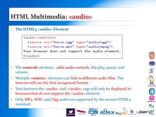  The HTML5 <audio> Element
 The controls attribute: adds audio controls, like play, pause, and
volume.
 Multiple <source> elements can link to different audio files. The
browser will use the first recognized format.
 Text between the <audio> and </audio> tags will only be displayed in
browsers that do not support the <audio> element.
 Only MP3, WAV, and Ogg audio are supported by the newest HTML5
standard.
 