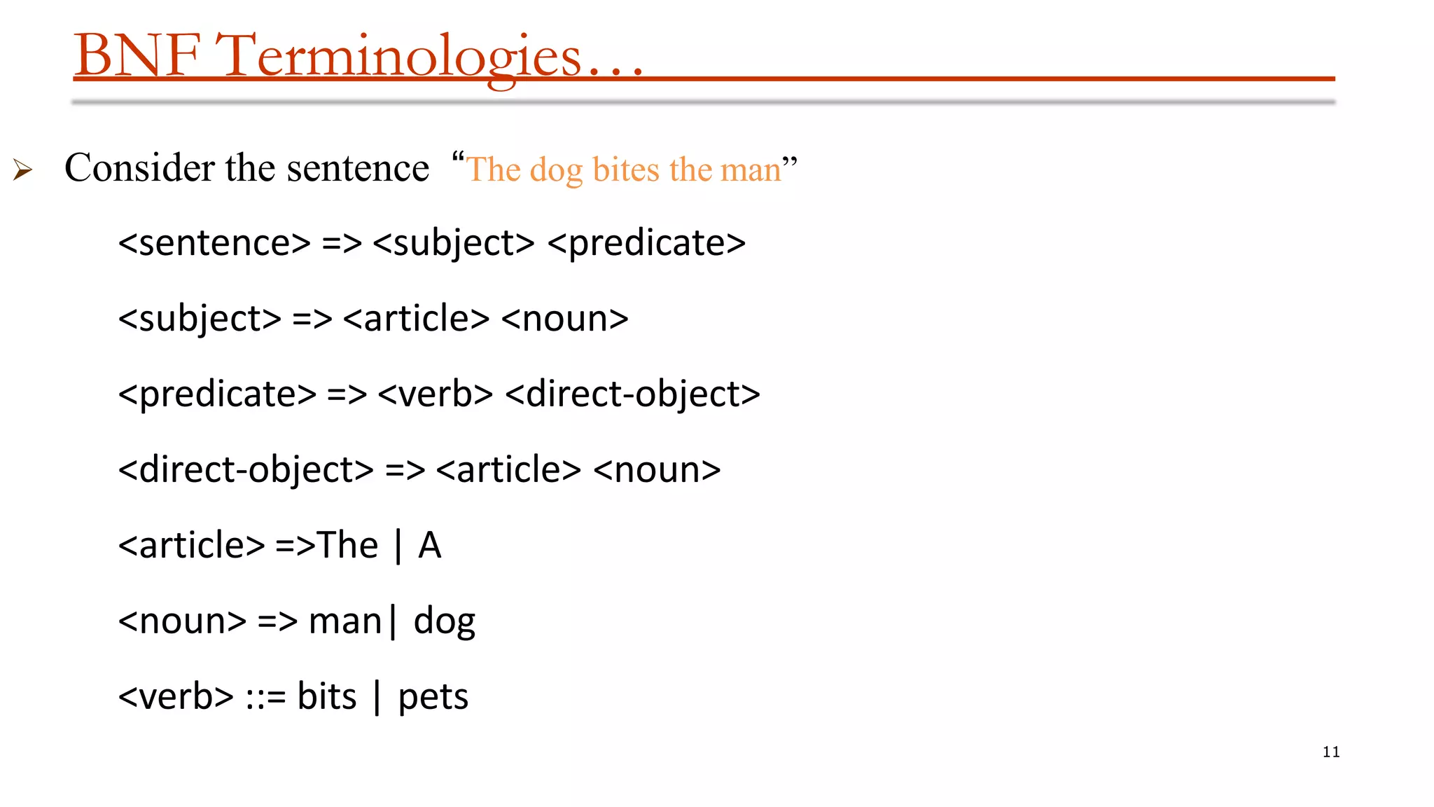 BNF Terminologies…
11
 Consider the sentence “The dog bites the man”
<sentence> => <subject> <predicate>
<subject> => <article> <noun>
<predicate> => <verb> <direct-object>
<direct-object> => <article> <noun>
<article> =>The | A
<noun> => man| dog
<verb> ::= bits | pets
 