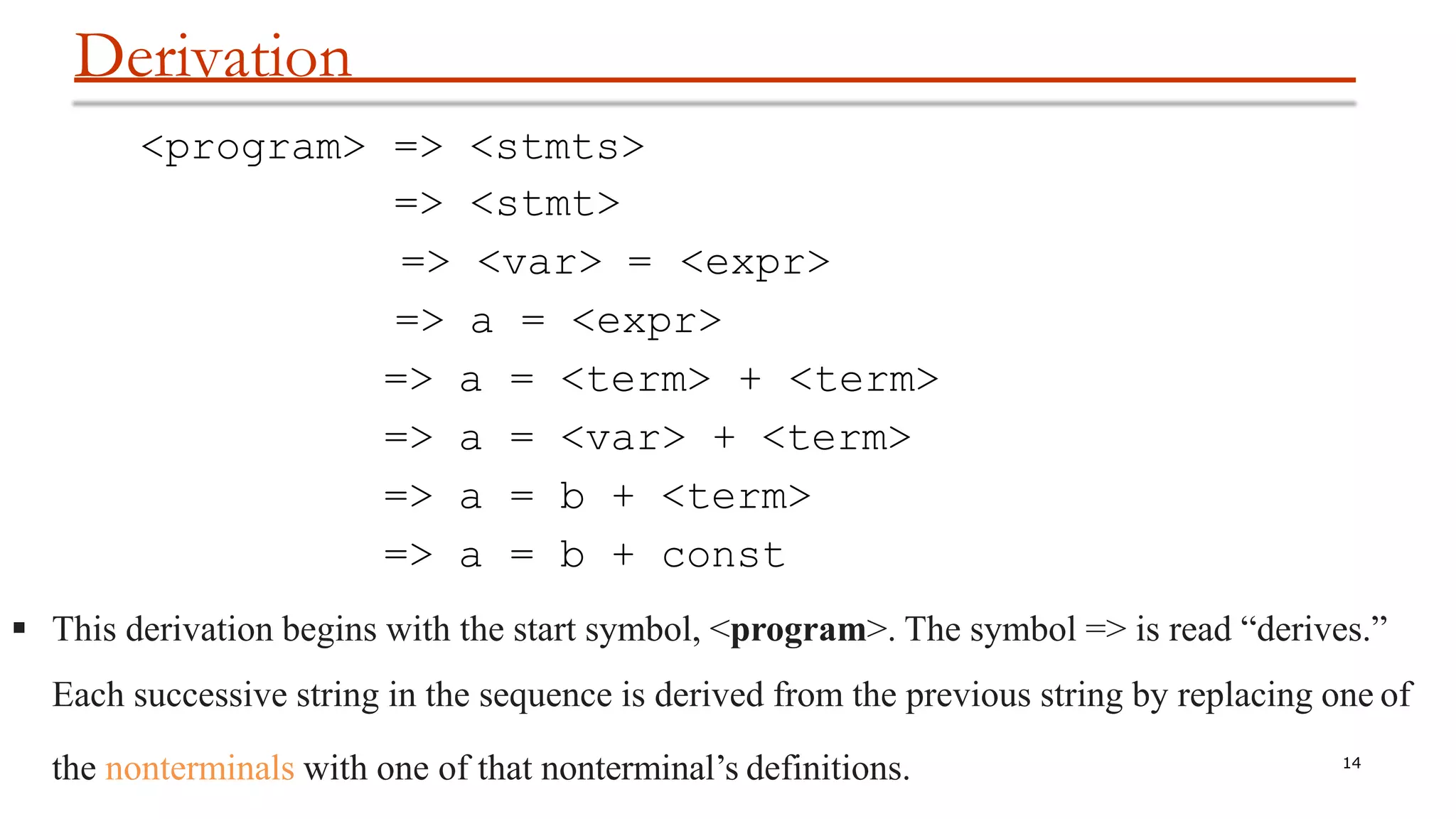 Derivation
14
<program> => <stmts>
=> <stmt>
=> <var> = <expr>
=> a = <expr>
=> a = <term> + <term>
=> a = <var> + <term>
=> a = b + <term>
=> a = b + const
 This derivation begins with the start symbol, <program>. The symbol => is read “derives.”
Each successive string in the sequence is derived from the previous string by replacing one of
the nonterminals with one of that nonterminal’s definitions.
 