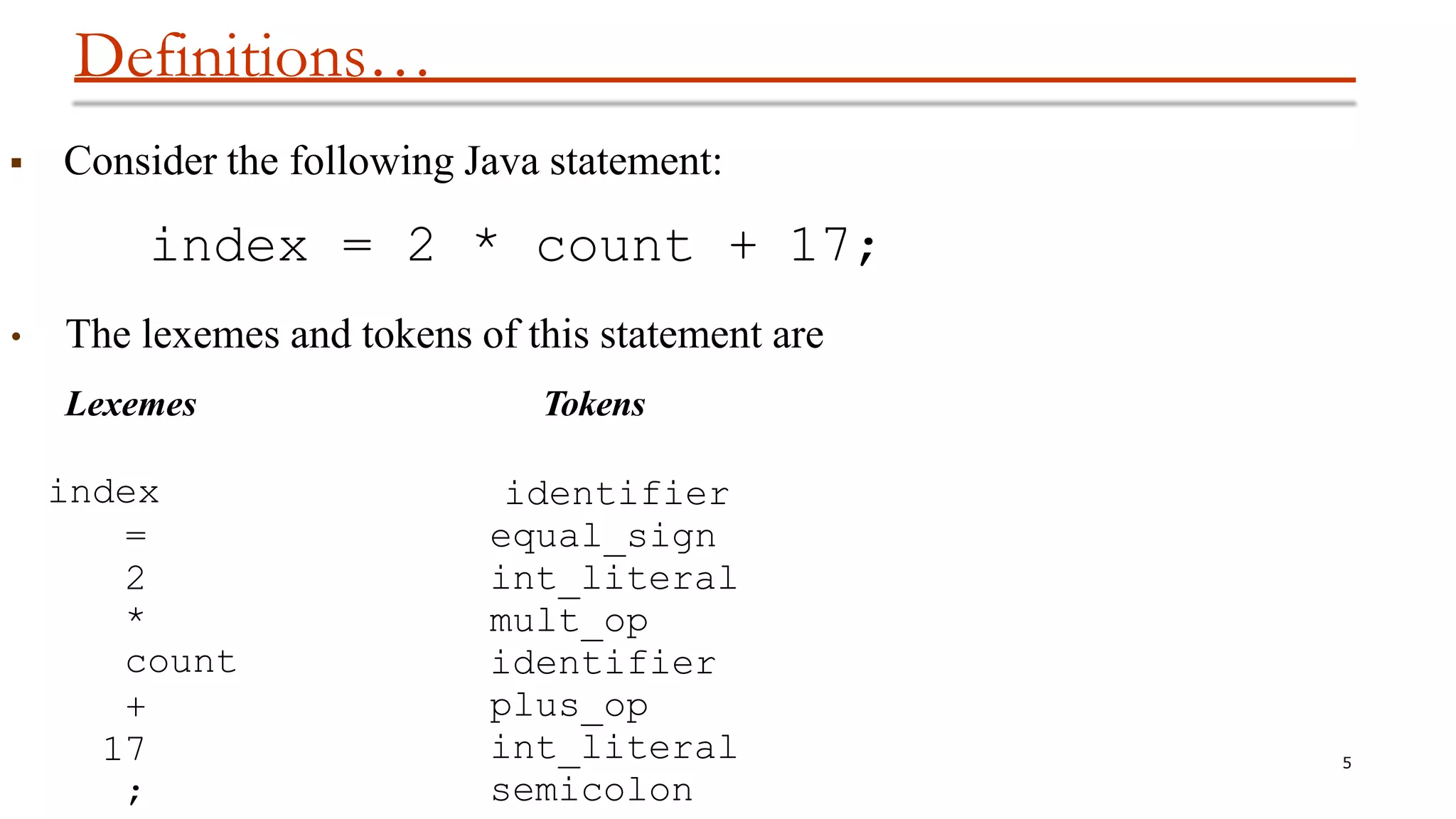 Definitions…
5
 Consider the following Java statement:
index = 2 * count + 17;
• The lexemes and tokens of this statement are
Lexemes Tokens
index
=
2
identifier
equal_sign
int_literal
mult_op
identifier
plus_op
int_literal
semicolon
*
count
+
17
;
 