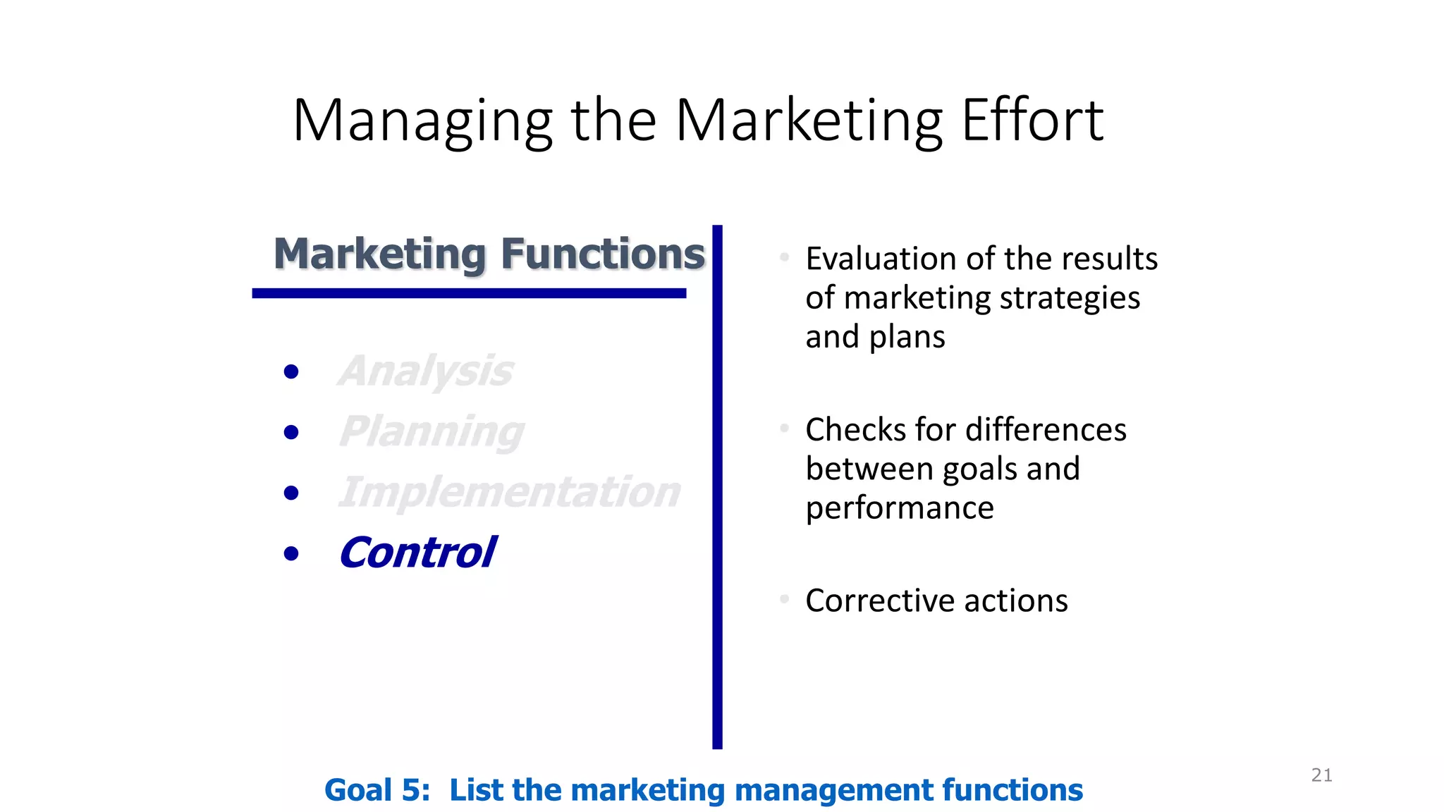 Managing the Marketing Effort
• Evaluation of the results
of marketing strategies
and plans
• Checks for differences
between goals and
performance
• Corrective actions
21
Goal 5: List the marketing management functions
Marketing Functions
• Analysis
• Planning
• Implementation
• Control
 