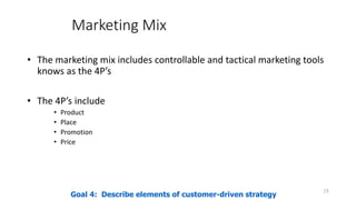 Marketing Mix
• The marketing mix includes controllable and tactical marketing tools
knows as the 4P’s
• The 4P’s include
• Product
• Place
• Promotion
• Price
15
Goal 4: Describe elements of customer-driven strategy
Goal 4: Describe elements of customer-driven strategy
 