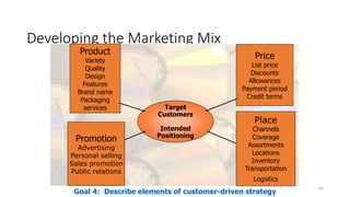 Developing the Marketing Mix
16
Target
Customers
Intended
Positioning
Product
Variety
Quality
Design
Features
Brand name
Packaging
services
Price
List price
Discounts
Allowances
Payment period
Credit terms
Promotion
Advertising
Personal selling
Sales promotion
Public relations
Place
Channels
Coverage
Assortments
Locations
Inventory
Transportation
Logistics
Goal 4: Describe elements of customer-driven strategy
 