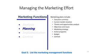 Managing the Marketing Effort
• Marketing plans include:
• Executive summary
• Current market situation
• Threats and opportunities analysis
• Objectives and issues
• Marketing strategy
• Action programs
• Budget
• Controls
19
Goal 5: List the marketing management functions
Marketing Functions
• Analysis
• Planning
• Implementation
• Control
 