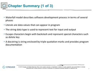 44
Chapter Summary (1 of 3)
• Waterfall model describes software development process in terms of several
phases
• Literals are data values that can appear in program
• The string data type is used to represent text for input and output
• Escape characters begin with backslash and represent special characters such
as delete key
• A docstring is string enclosed by triple quotation marks and provides program
documentation
© 2018 Cengage. All Rights Reserved. May not be copied, scanned, or duplicated, in whole or in part, except for use as permitted in a license
distributed with a certain product or service or otherwise on a password-protected website for classroom use.
 