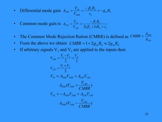25
• Differential mode gain
• Common mode gain is
• The Common Mode Rejection Ration (CMRR) is defined as
• From the above we obtain
• If arbitrary signals V1 and V2 are applied to the inputs then
C
m
C
o
DM
o
DM R
g
r
R
V
V
A 






1



r
R
R
V
V
A
E
o
C
o
CM
o
CM





)
1
(
2
1
CM
DM
A
A
CMRR 
E
m
E
m R
g
R
g
CMRR 2
2
1 


2
2
2
2
1
2
1
V
V
V
V
V
V
V
CM
d
DM





)
(
)
(
02
01
CMRR
V
V
A
V
A
V
A
V
CMRR
V
V
A
V
A
V
A
V
CM
DM
DM
CM
CM
DM
DM
CM
DM
DM
CM
CM
DM
DM







 