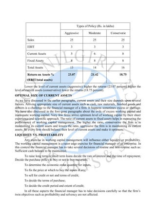 Types of Policy (Rs. in lakhs)
Aggressive Moderate Conservatie
Sales 25 25 25
EBIT 3 3 3
Current Assets 5 6 8
Fixed Assets 8 8 8
Total Assets 13 14 16
Return on Assets %
(EBIT/total assets)
23.07 21.42 18.75
Lower the level of current assets (aggressive) higher the returns (23.07 percent) higher the
level of current assets (conservative) lower the returns (18.75 percent).
OPTIMAL SIZE OF CURRENT ASSETS
As we have discussed in the earlier paragraphs, current assets and their size depends upon several
factors. Arriving appropriate size of current assets such as cash, raw materials, finished goods and
debtors is a challenge to the financial manager of a firm. It happens sometimes excess or shortage.
We have also discussed in the fore-gone paragraphs about the evils of excess working capital and
inadequate working capital. Very few firms arrive optimum level of working capital by their sheer
experience and scientific approach. The ratio of current assets to fixed assets helps in measuring the
performance of working capital management. The higher the ratio, conservative the firm is in
maintaining its current assets and lowers the ratio, aggressive the firm is in maintaining its current
assets. So every firm should balance their level of current assets and make it optimum.
LIQUIDITY VS. PROFITABILITY
Any exercise in working capital management will influence either liquidity or profitability.
The working capital management is a razor edge exercise for financial manager of an enterprise. In
this context the financial manager has to take several decisions of routine and non-routine such as:
Sufficient cash balance to be maintained;
To raise long term or short term loans decide the rate of interest and the time of repayment;
Decide the purchase policy to buy or not to buy materials;
To determine the economic order quantity for inputs,
To fix the price at which to buy the inputs if any;
To sell for credit or not and terms of credit;
To decide the terms of purchase;
To decide the credit period and extent of credit;
In all these aspects the financial manager has to take decisions carefully so that the firm’s
twin objectives such as profitability and solvency are not affected.
 