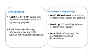 Civil Engineering:
• AutoCAD Civil 3D: design and
documentation software for civil
engineering projects.
• Revit Structure: building
information modeling (BIM)
software for structural engineering.
Architectural Engineering:
• AutoCAD Architecture: software
for architectural design and drafting.
• SketchUp: 3D modeling software
for architectural design.
• Revit: BIM software used for
architectural design and
documentation
23
 