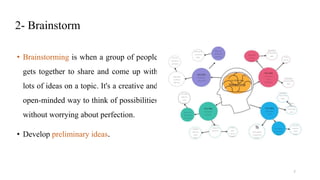 2- Brainstorm
• Brainstorming is when a group of people
gets together to share and come up with
lots of ideas on a topic. It's a creative and
open-minded way to think of possibilities
without worrying about perfection.
• Develop preliminary ideas.
7
 