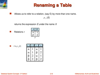 ©Silberschatz, Korth and Sudarshan
2.16
Database System Concepts - 6th
Edition
Renaming a Table
Renaming a Table
 Allows us to refer to a relation, (say E) by more than one name.
 x (E)
returns the expression E under the name X
 Relations r
 r x  s (r)
α
α
β
β
1
1
2
2
α
β
α
β
1
2
1
2
r.A r.B s.A s.B
 