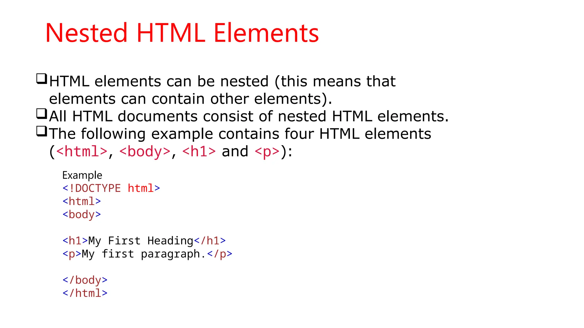 Nested HTML Elements
HTML elements can be nested (this means that
elements can contain other elements).
All HTML documents consist of nested HTML elements.
The following example contains four HTML elements
(<html>, <body>, <h1> and <p>):
Example
<!DOCTYPE html>
<html>
<body>
<h1>My First Heading</h1>
<p>My first paragraph.</p>
</body>
</html>
 