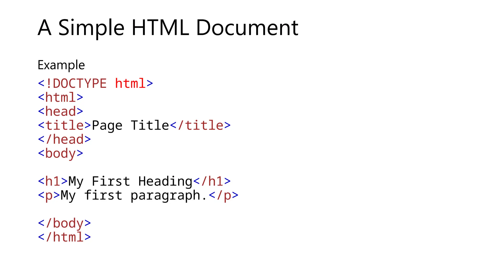A Simple HTML Document
Example
<!DOCTYPE html>
<html>
<head>
<title>Page Title</title>
</head>
<body>
<h1>My First Heading</h1>
<p>My first paragraph.</p>
</body>
</html>
 
