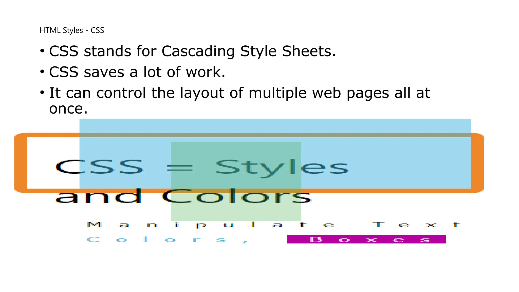 HTML Styles - CSS
• CSS stands for Cascading Style Sheets.
• CSS saves a lot of work.
• It can control the layout of multiple web pages all at
once.
 