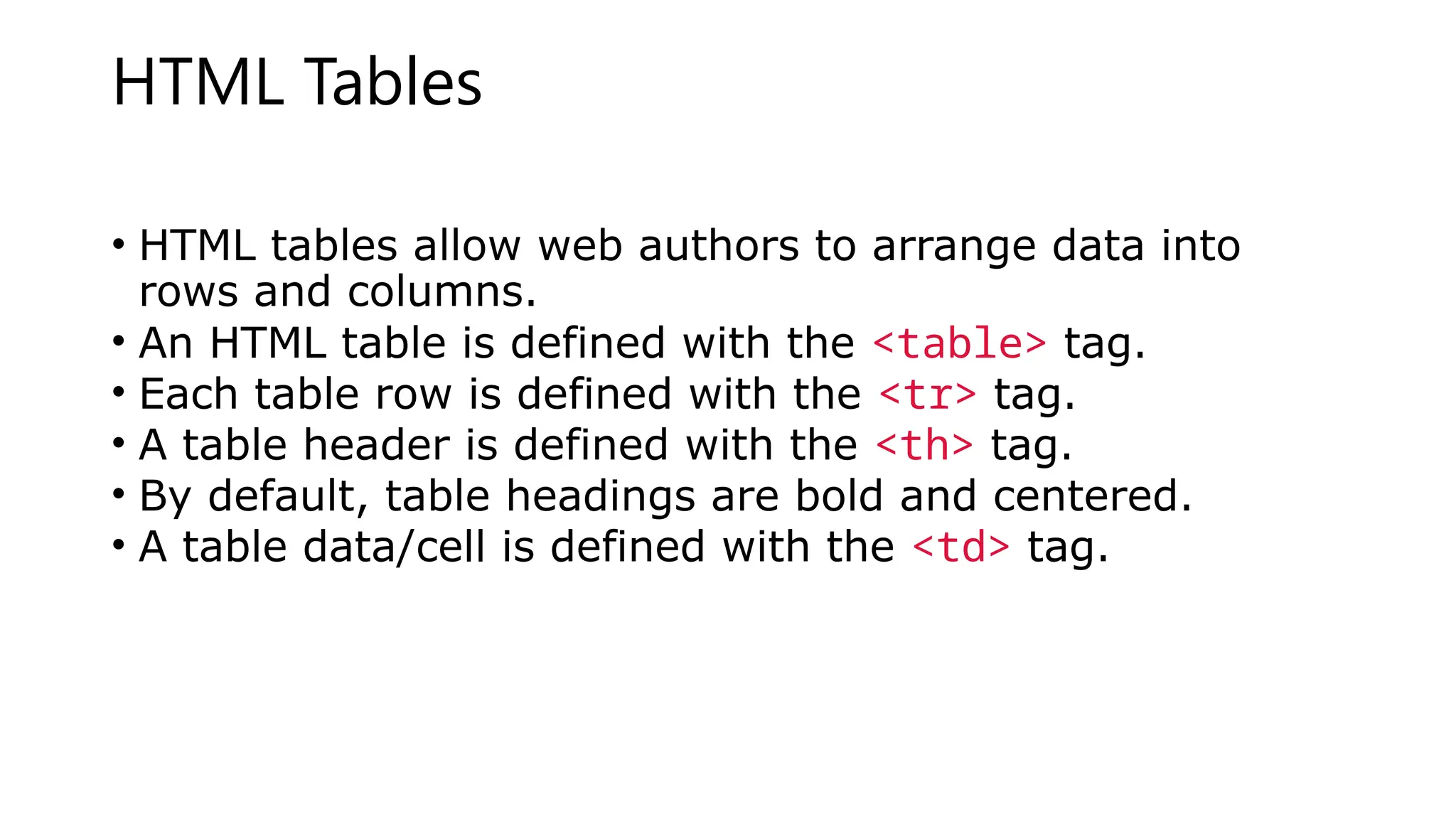 HTML Tables
• HTML tables allow web authors to arrange data into
rows and columns.
• An HTML table is defined with the <table> tag.
• Each table row is defined with the <tr> tag.
• A table header is defined with the <th> tag.
• By default, table headings are bold and centered.
• A table data/cell is defined with the <td> tag.
 