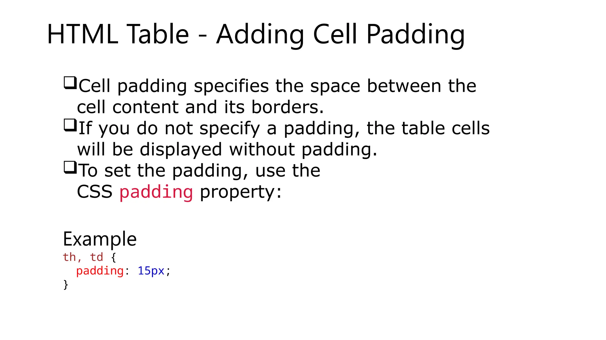 HTML Table - Adding Cell Padding
Cell padding specifies the space between the
cell content and its borders.
If you do not specify a padding, the table cells
will be displayed without padding.
To set the padding, use the
CSS padding property:
Example
th, td {
padding: 15px;
}
 