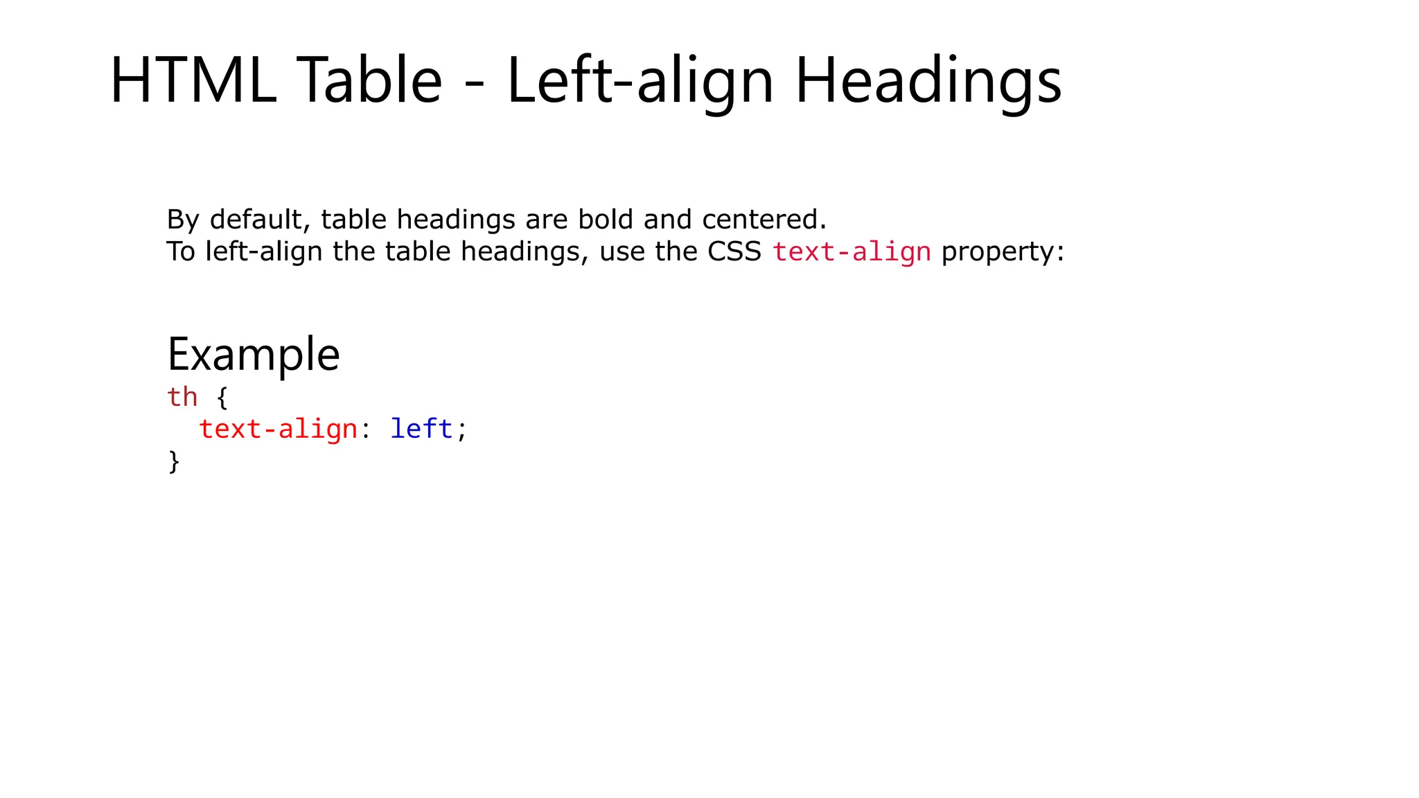 HTML Table - Left-align Headings
By default, table headings are bold and centered.
To left-align the table headings, use the CSS text-align property:
Example
th {
text-align: left;
}
 