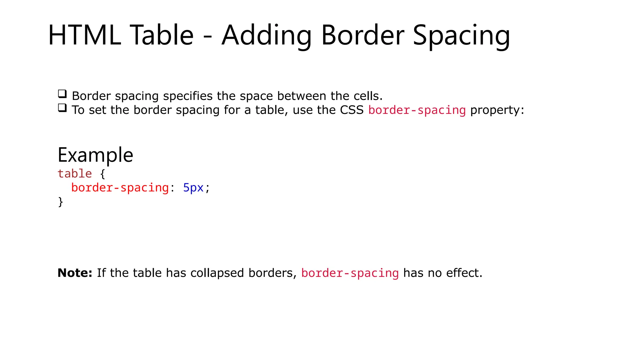 HTML Table - Adding Border Spacing
 Border spacing specifies the space between the cells.
 To set the border spacing for a table, use the CSS border-spacing property:
Example
table {
border-spacing: 5px;
}
Note: If the table has collapsed borders, border-spacing has no effect.
 