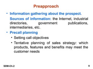 SDM-Ch.2 9
Preapproach
• Information gathering about the prospect.
Sources of information: the Internet, industrial
directories, government publications,
intermediaries, etc.
• Precall planning
• Setting call objectives
• Tentative planning of sales strategy: which
products, features and benefits may meet the
customer needs
 