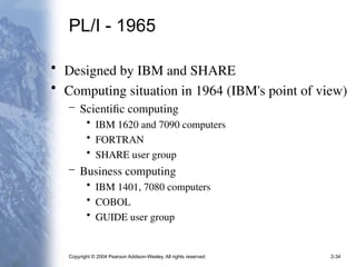 Copyright © 2004 Pearson Addison-Wesley. All rights reserved. 2-34
PL/I - 1965
• Designed by IBM and SHARE
• Computing situation in 1964 (IBM's point of view)
– Scientific computing
• IBM 1620 and 7090 computers
• FORTRAN
• SHARE user group
– Business computing
• IBM 1401, 7080 computers
• COBOL
• GUIDE user group
 