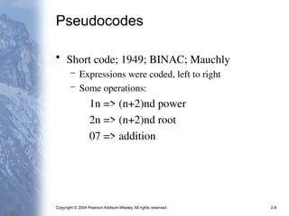 Copyright © 2004 Pearson Addison-Wesley. All rights reserved. 2-6
Pseudocodes
• Short code; 1949; BINAC; Mauchly
– Expressions were coded, left to right
– Some operations:
1n => (n+2)nd power
2n => (n+2)nd root
07 => addition
 