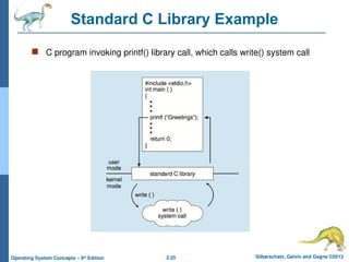 2.25 Silberschatz, Galvin and Gagne ©2013
Operating System Concepts – 9th
Edition
Standard C Library Example
 C program invoking printf() library call, which calls write() system call
 