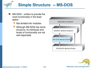 2.36 Silberschatz, Galvin and Gagne ©2013
Operating System Concepts – 9th
Edition
Simple Structure -- MS-DOS
 MS-DOS – written to provide the
most functionality in the least
space
 Not divided into modules
 Although MS-DOS has some
structure, its interfaces and
levels of functionality are not
well separated
 