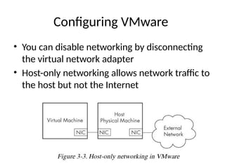 Configuring VMware
• You can disable networking by disconnecting
the virtual network adapter
• Host-only networking allows network traffic to
the host but not the Internet
 