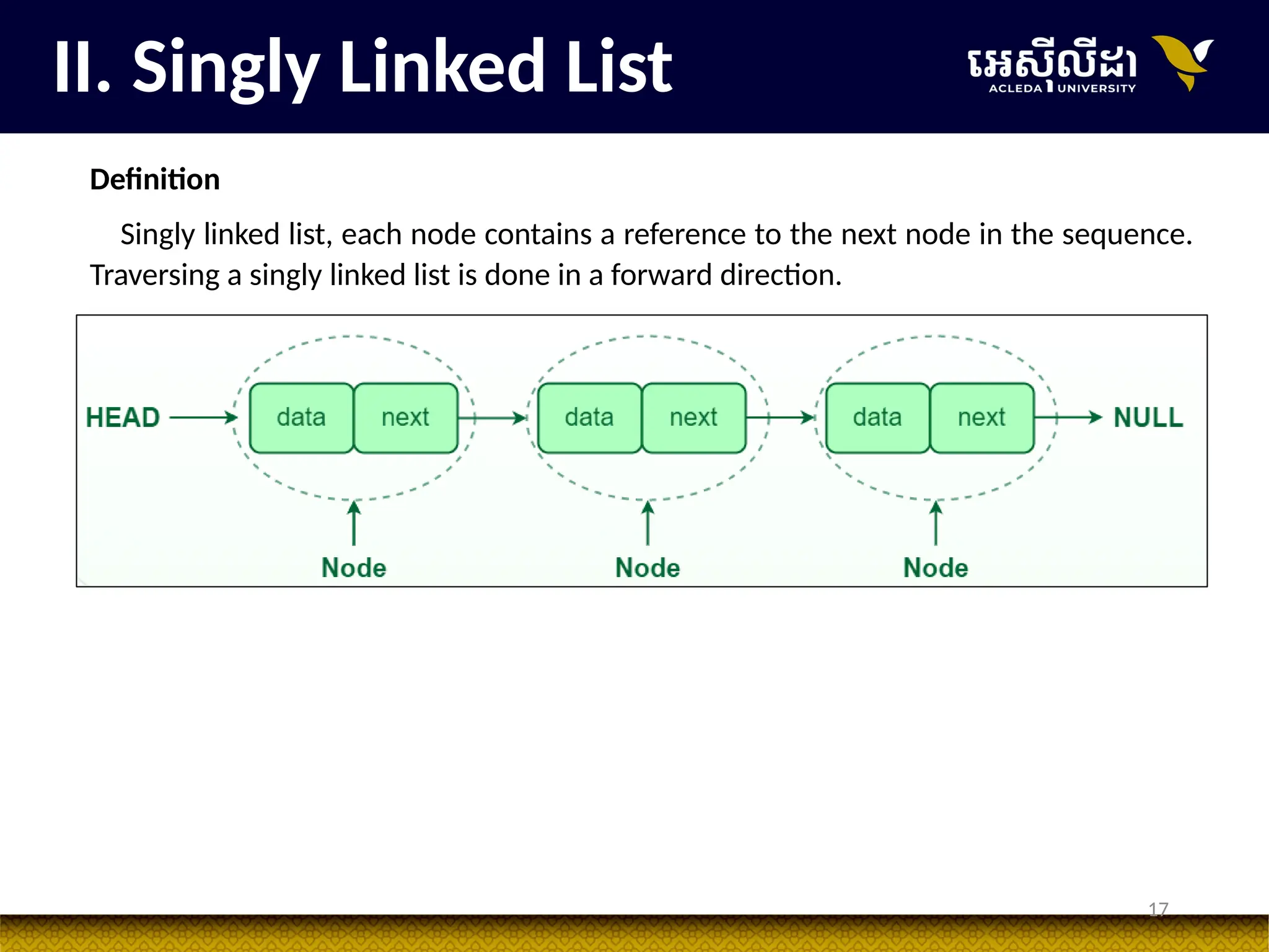 17
II. Singly Linked List
Definition
Singly linked list, each node contains a reference to the next node in the sequence.
Traversing a singly linked list is done in a forward direction.
 