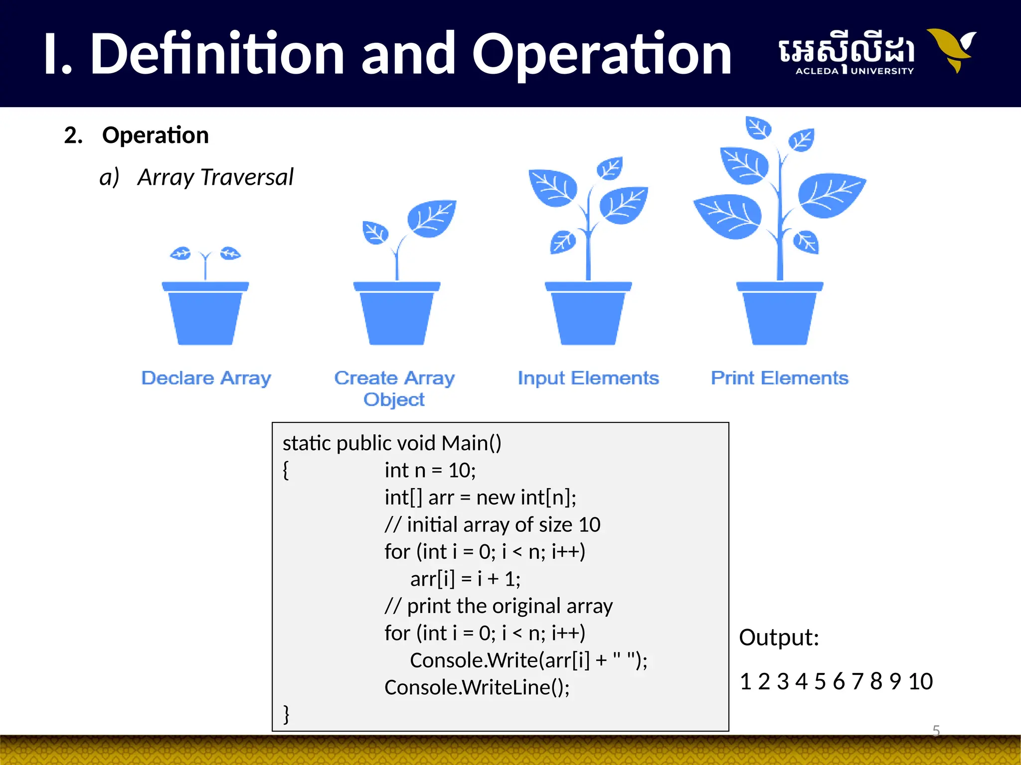5
I. Definition and Operation
2. Operation
static public void Main()
{ int n = 10;
int[] arr = new int[n];
// initial array of size 10
for (int i = 0; i < n; i++)
arr[i] = i + 1;
// print the original array
for (int i = 0; i < n; i++)
Console.Write(arr[i] + " ");
Console.WriteLine();
}
Output:
1 2 3 4 5 6 7 8 9 10
a) Array Traversal
 