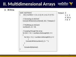 13
II. Multidimensional Arrays
static void Main()
{ int[,] numbers = { {1, 2, 3}, {4, 5, 6}, {7, 8, 9} };
// Accessing an element
Console.WriteLine(numbers[0, 2]); // Outputs 3
// Modifying an element
numbers[1, 1] = 10;
// Looping through the array
for (int i = 0; i < numbers.GetLength(0); i++)
{
for (int j = 0; j < numbers.GetLength(1); j++)
{
Console.Write(numbers[i, j] + " ");
}
}
Console.WriteLine();
}
Output: 3
1 2 3
4 10 6
7 8 9
2. 3D Array
 