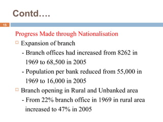 Contd….
15
Progress Made through Nationalisation
 Expansion of branch
- Branch offices had increased from 8262 in
1969 to 68,500 in 2005
- Population per bank reduced from 55,000 in
1969 to 16,000 in 2005
 Branch opening in Rural and Unbanked area
- From 22% branch office in 1969 in rural area
increased to 47% in 2005
 