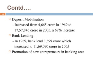 Contd….
16
 Deposit Mobilisation
- Increased from 4,665 crore in 1969 to
17,57,846 crore in 2005, a 67% increase
 Bank Lending
- In 1969, bank lend 3,399 crore which
increased to 11,69,090 crore in 2005
 Promotion of new entrepreneurs in banking area
 