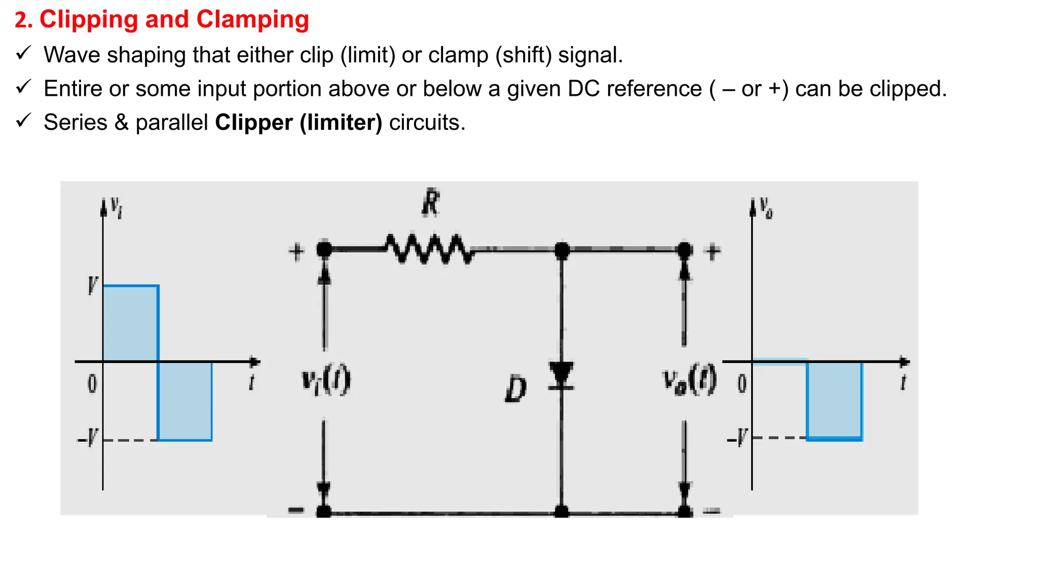 2. Clipping and Clamping
 Wave shaping that either clip (limit) or clamp (shift) signal.
 Entire or some input portion above or below a given DC reference ( – or +) can be clipped.
 Series & parallel Clipper (limiter) circuits.
 