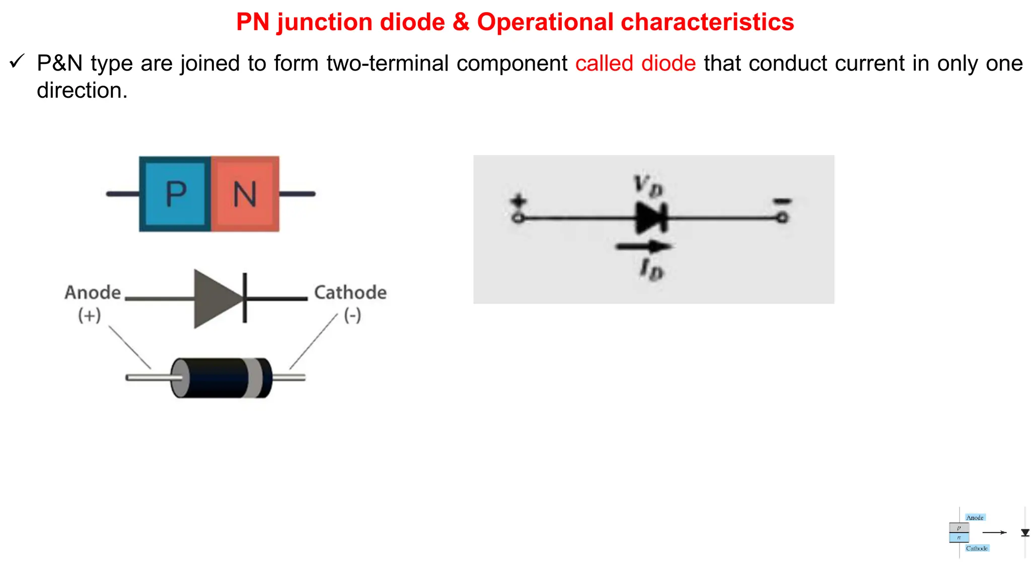 PN junction diode & Operational characteristics
 P&N type are joined to form two-terminal component called diode that conduct current in only one
direction.
 