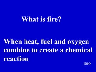 1000 What is fire? Jeff Prokop When heat, fuel and oxygen combine to create a chemical reaction 