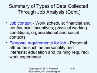 Copyright © 2010 Pearson
Education, Inc. publishing as
4-11
Summary of Types of Data Collected
Through Job Analysis (Cont.)
• Job context - Work schedule; financial and
nonfinancial incentives; physical working
conditions; organizational and social
contexts
• Personal requirements for job - Personal
attributes such as personality and
interests; education and training required;
work experience
 