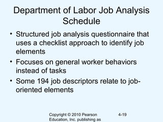 Copyright © 2010 Pearson
Education, Inc. publishing as
4-19
Department of Labor Job Analysis
Schedule
• Structured job analysis questionnaire that
uses a checklist approach to identify job
elements
• Focuses on general worker behaviors
instead of tasks
• Some 194 job descriptors relate to job-
oriented elements
 