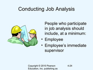 Copyright © 2010 Pearson
Education, Inc. publishing as
4-24
Conducting Job Analysis
People who participate
in job analysis should
include, at a minimum:
• Employee
• Employee’s immediate
supervisor
 