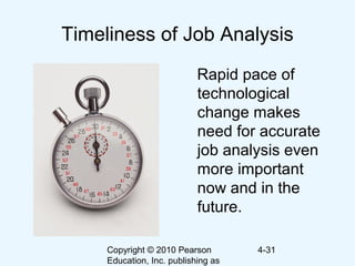 Copyright © 2010 Pearson
Education, Inc. publishing as
4-31
Timeliness of Job Analysis
Rapid pace of
technological
change makes
need for accurate
job analysis even
more important
now and in the
future.
 