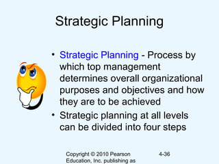 Copyright © 2010 Pearson
Education, Inc. publishing as
4-36
Strategic Planning
• Strategic Planning - Process by
which top management
determines overall organizational
purposes and objectives and how
they are to be achieved
• Strategic planning at all levels
can be divided into four steps
 