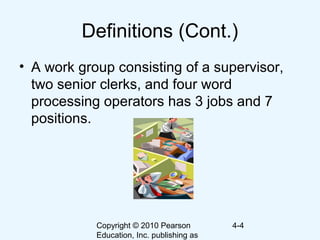 Copyright © 2010 Pearson
Education, Inc. publishing as
4-4
Definitions (Cont.)
• A work group consisting of a supervisor,
two senior clerks, and four word
processing operators has 3 jobs and 7
positions.
 